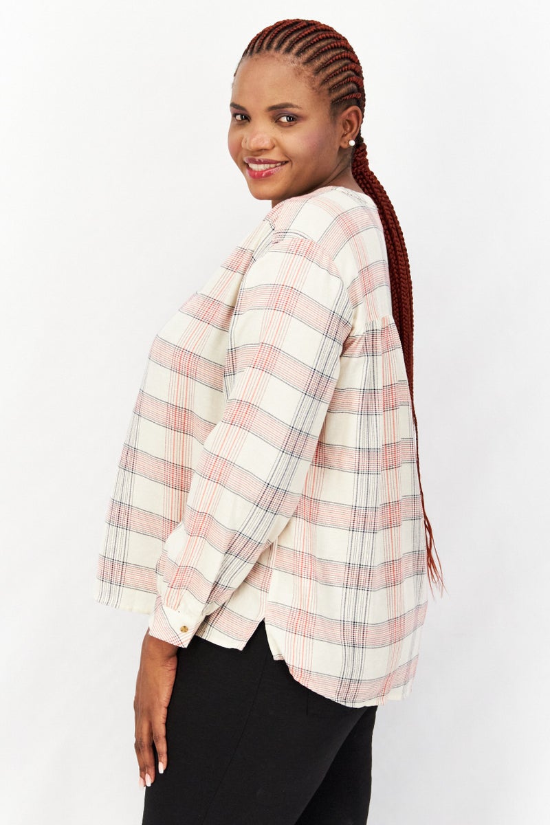 ESPRIT Women V-Neck Long Sleeves Checkered Shirt, Beige - Image 4