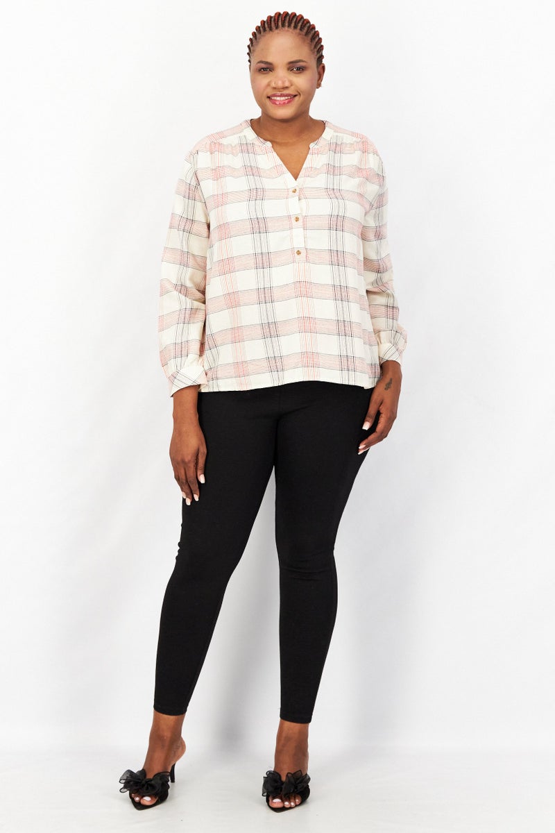 ESPRIT Women V-Neck Long Sleeves Checkered Shirt, Beige - Image 3