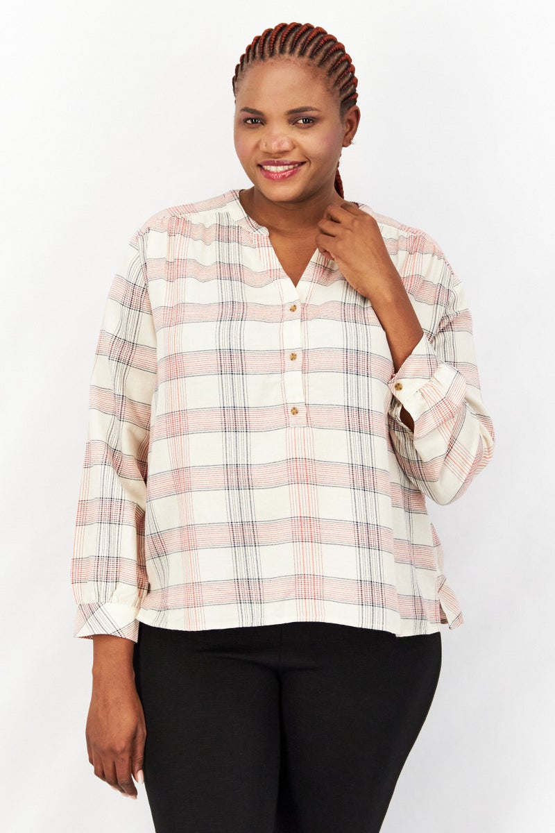ESPRIT Women V-Neck Long Sleeves Checkered Shirt, Beige - Image 1
