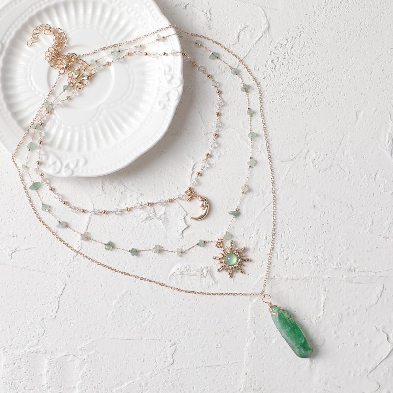 MOSTORY Crystal Sun Fairy Necklace - Crescent Moon Necklace for Woodland Renaissance Accessories Women, Green Raw Quartz Renfaire Choker for Fairycore Fantasy Outfit Cosplay - Image 4