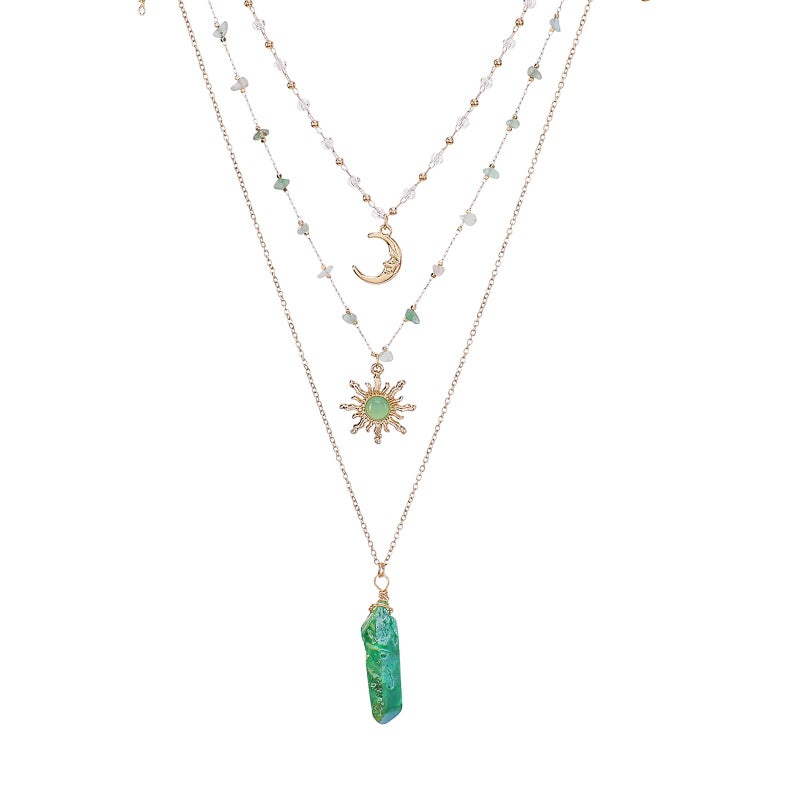 MOSTORY Crystal Sun Fairy Necklace - Crescent Moon Necklace for Woodland Renaissance Accessories Women, Green Raw Quartz Renfaire Choker for Fairycore Fantasy Outfit Cosplay - Image 1