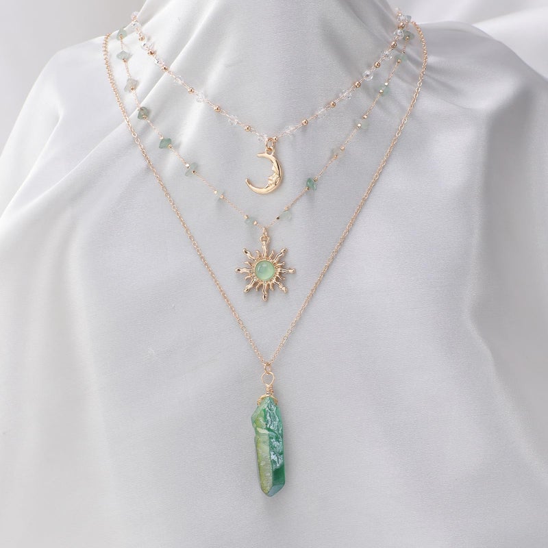 MOSTORY Crystal Sun Fairy Necklace - Crescent Moon Necklace for Woodland Renaissance Accessories Women, Green Raw Quartz Renfaire Choker for Fairycore Fantasy Outfit Cosplay - Image 3