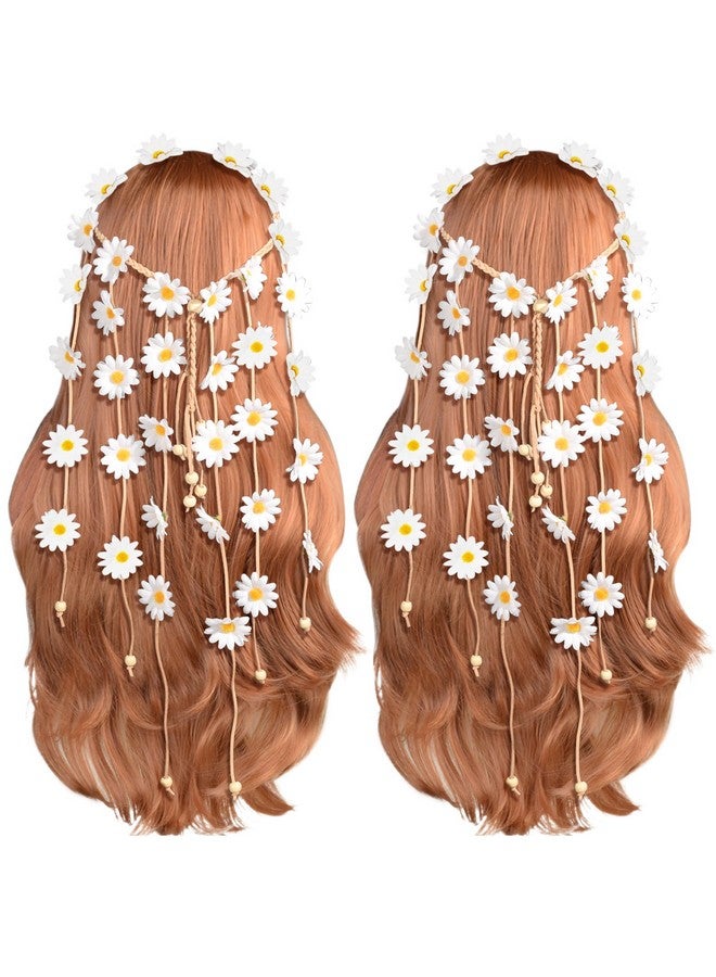 Sucrain 2pcs Flower Hippie Headband Floral Crown Summer Sunflower Hair Accessories for 70 s Bohemian Costumes Style(White+White) - Image 1