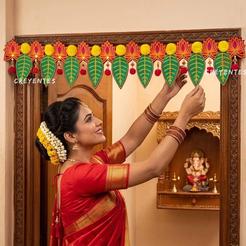 CREYENTES Pink Lotus & Mango Leaf Toran for Door, Hanging for Main Entrance, for Office,Temple,Diwali, Party (CS-30 Lotus TORAN) - Image 3