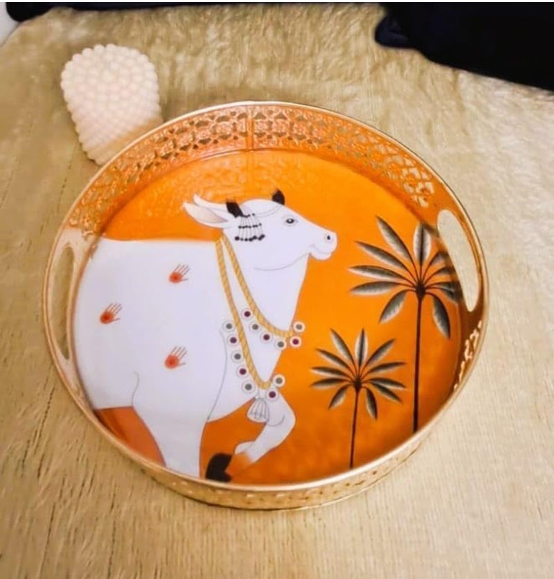 G K EXCLUSIVE™ Round Metal Tray with Pichwai Art of Nandi | Cow Pichwai Tray | Best for Home Decor, Wedding Gift, Diwali Gift and Multiuse | High Glossy Raisen Work (Randaom Color & Design) (8") - Image 2
