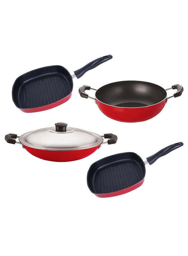 Nirlon Non-Stick Aluminum Cookware Set, 4-Piece, Red and Black (KD12_AC_GP22.5_GP24)