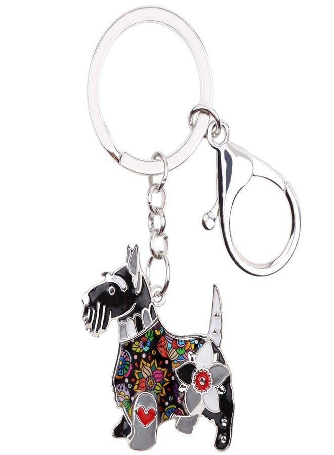 DUOWEI Floral Enamel Scottish Terrier Keychain Zinc Alloy Pet Keyring Bag Car Decoration for Women Girl Charm Gift (Black) - Image 1
