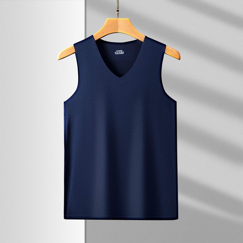Mens Seamless Vest Sleeveless V-Neck Free-Cut Ice Silk Tight-Fit Sports Hurdle Super Elastic Summer Slim Navy Blue.-V-Neck 