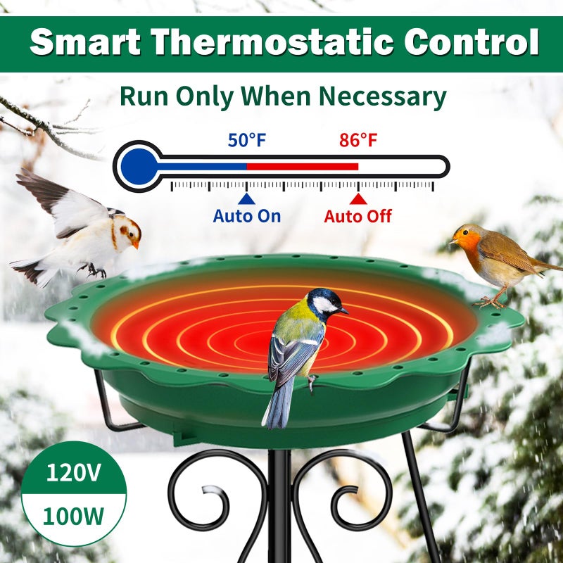 Jvgoo Heated Bird Bath for Outside Winter, Powerful 100W Thermostat Control Heated Bird Baths for Outdoors with 5-Prong Metal Stake, Heated Birdbath Water Heater for Garden Yard Patio Lawn (Green) - Image 3