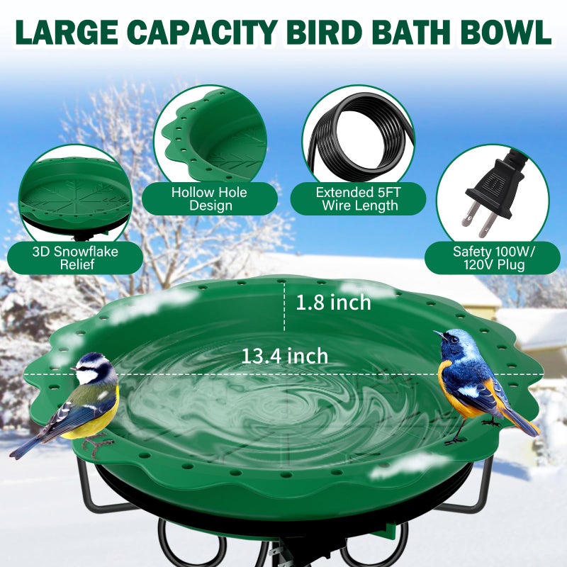 Jvgoo Heated Bird Bath for Outside Winter, Powerful 100W Thermostat Control Heated Bird Baths for Outdoors with 5-Prong Metal Stake, Heated Birdbath Water Heater for Garden Yard Patio Lawn (Green) - Image 2