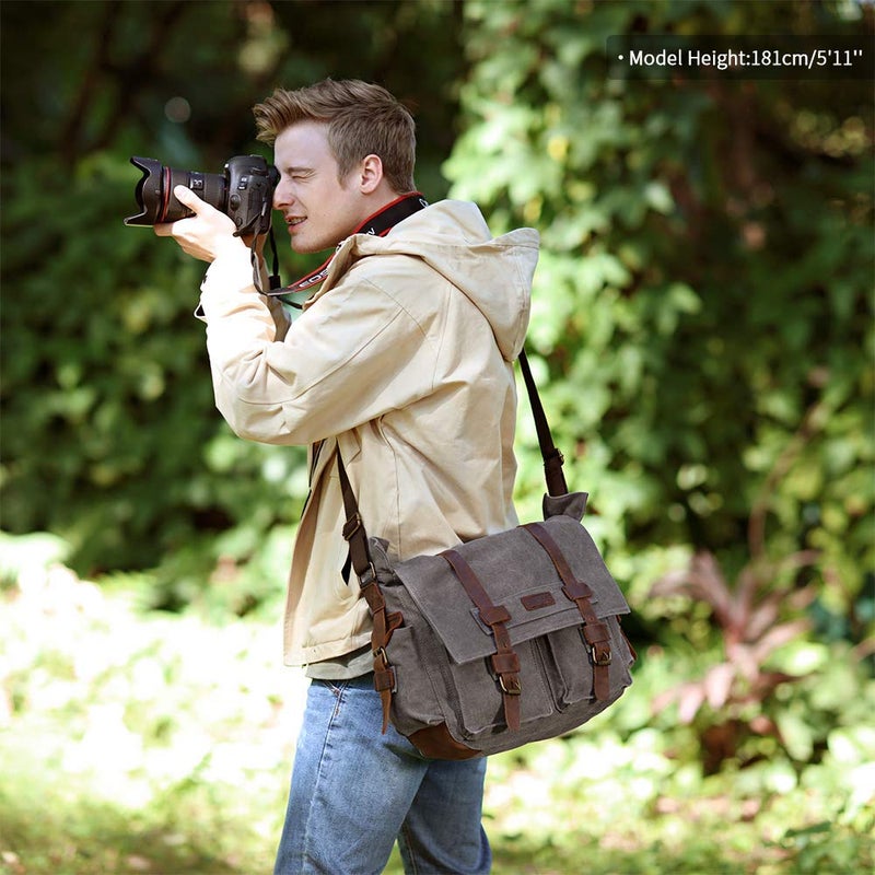 Kattee Leather Canvas Camera Bags for Men Vintage DSLR SLR Messenger Shoulder Bags Dark Gray - Image 2
