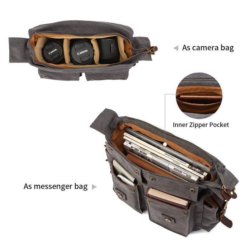 Kattee Leather Canvas Camera Bags for Men Vintage DSLR SLR Messenger Shoulder Bags Dark Gray - Image 4