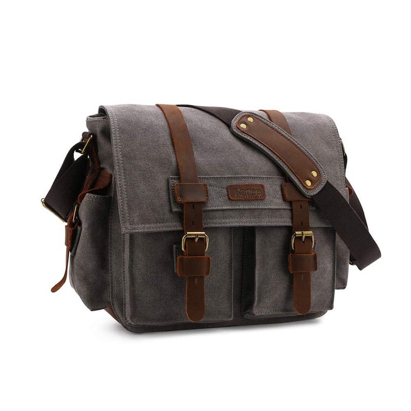 Kattee Leather Canvas Camera Bags for Men Vintage DSLR SLR Messenger Shoulder Bags Dark Gray - Image 1
