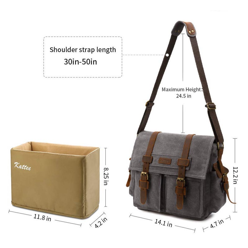Kattee Leather Canvas Camera Bags for Men Vintage DSLR SLR Messenger Shoulder Bags Dark Gray - Image 3