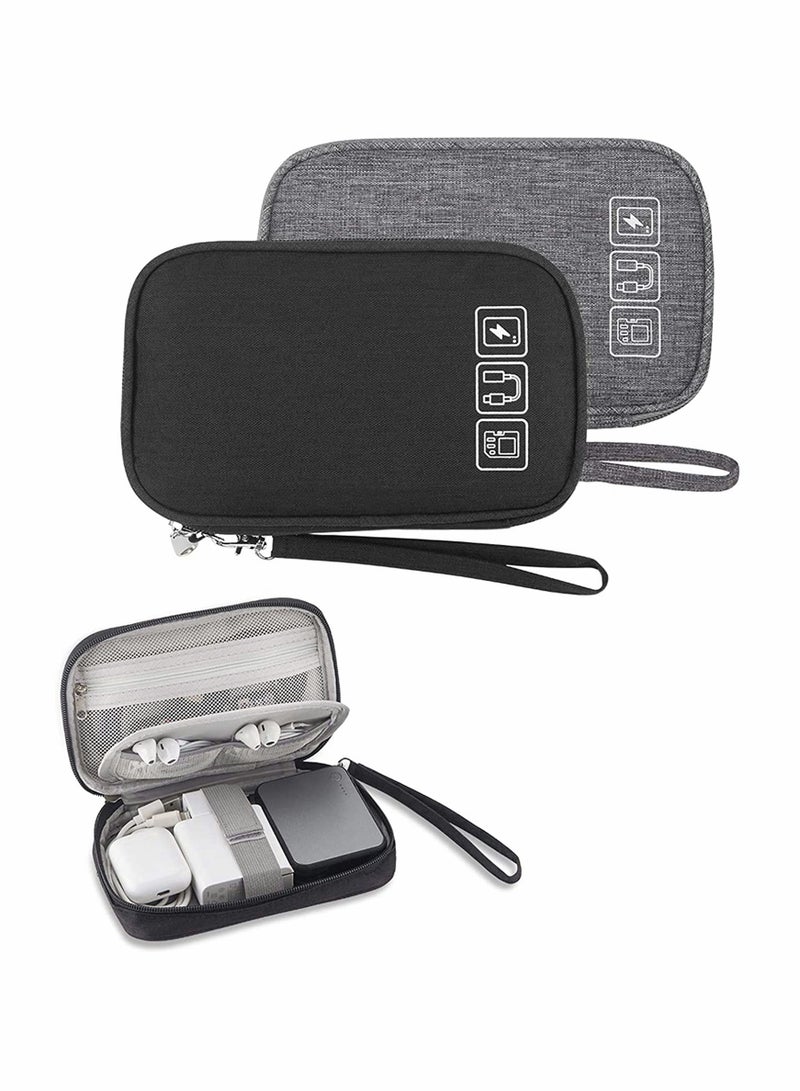 Small Electronic Organizer Cable Bag, Travel Portable 2 PCS Electronic Accessories Storage Bag Soft Carrying Case Pouch for Hard Drive, Cord, Charger, Earphone, USB, SD Card (Black+Gray) - Image 1