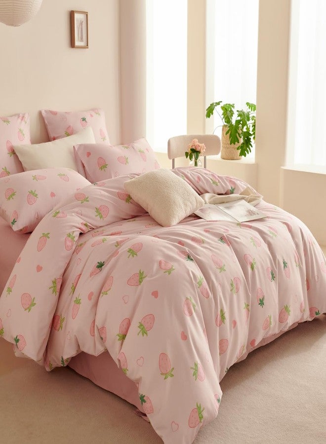 Bildenly Twin Size Duvet Cover Pink Strawberry Comforter Cover Soft & Lightweight Microfiber Quilt Cover with Zipper Closure and 1 Pillowcase - Image 2