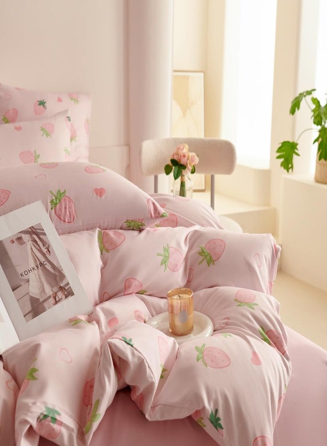 Bildenly Twin Size Duvet Cover Pink Strawberry Comforter Cover Soft & Lightweight Microfiber Quilt Cover with Zipper Closure and 1 Pillowcase - Image 4