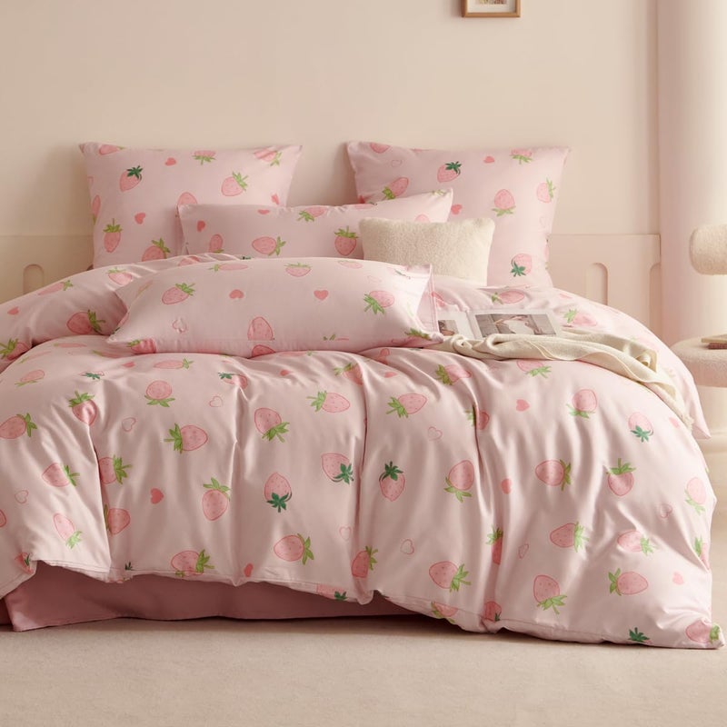 Bildenly Twin Size Duvet Cover Pink Strawberry Comforter Cover Soft & Lightweight Microfiber Quilt Cover with Zipper Closure and 1 Pillowcase - Image 1
