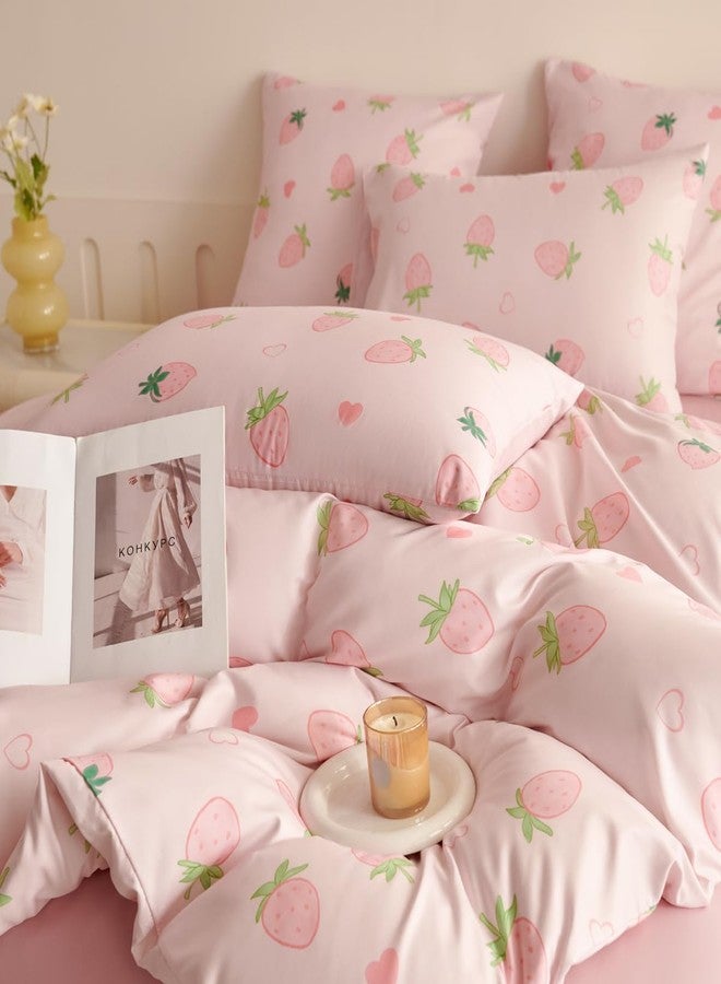 Bildenly Twin Size Duvet Cover Pink Strawberry Comforter Cover Soft & Lightweight Microfiber Quilt Cover with Zipper Closure and 1 Pillowcase - Image 3