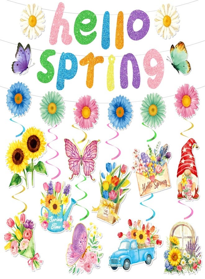 FINDRICH 22Pcs Spring Party Decorations, Hello Spring Decor with Hello Spring Banner Garland Hanging Swirls Butterfly Flowers Hanging Decorations Spring Decorations for Office Home Office Classroom - Image 1