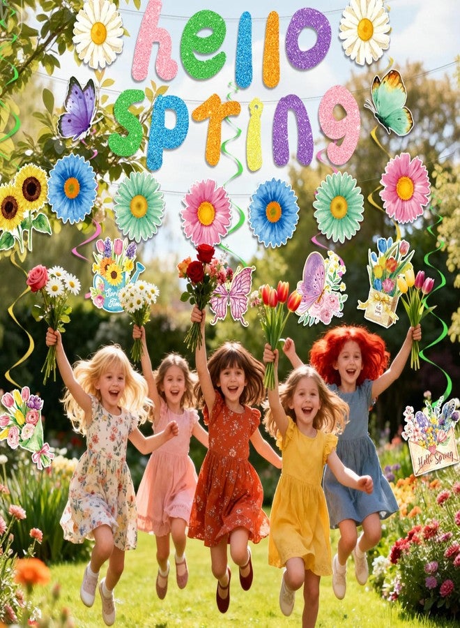 FINDRICH 22Pcs Spring Party Decorations, Hello Spring Decor with Hello Spring Banner Garland Hanging Swirls Butterfly Flowers Hanging Decorations Spring Decorations for Office Home Office Classroom - Image 3