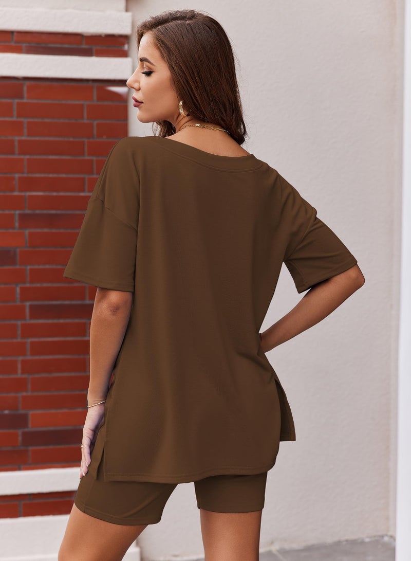 Ekouaer Womens Pajamas 2 Piece Lounge Sets Oversized V Neck T-Shirts Tops Biker Shorts Set Workout Reversible Tracksuit Brown, X-Large - Image 4