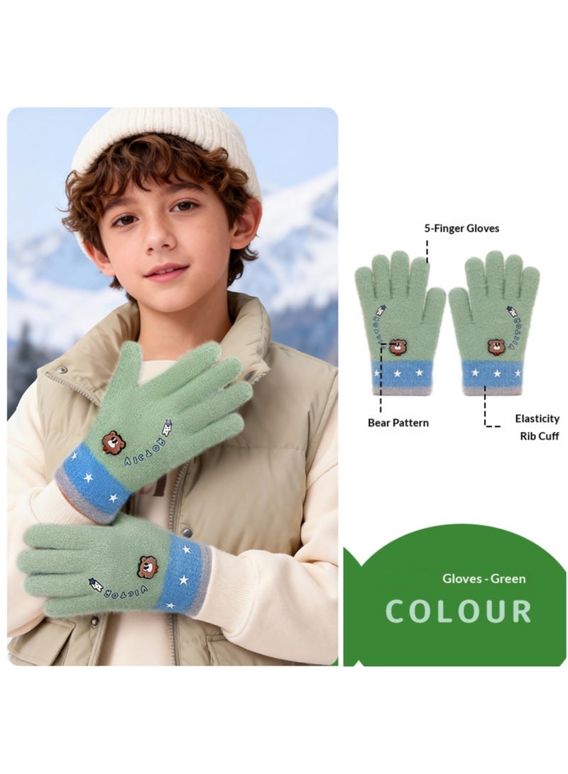 قفازات شتوية/خريفية بخمسة أصابع محبوكة، قفازات سميكة ودافئة للأطفال، قفازات رياضية دافئة للطلاب، مناسبة لركوب الدراجات في الهواء الطلق، لون أخضر - Image 1