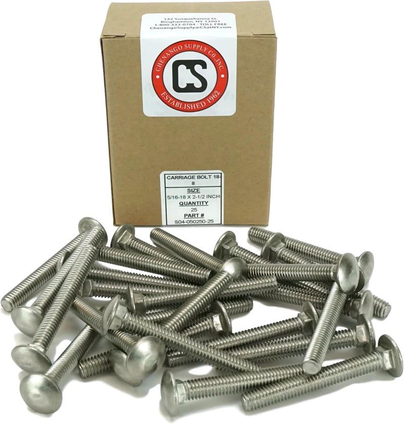 Chenango Supply Stainless 5/16-18 x 2-1/2inches Carriage Bolt (1inches to 5inches Lengths Available in Listing), 18-8 Stainless Steel,25 Pieces (5/16-18x2-1/2) - Image 2