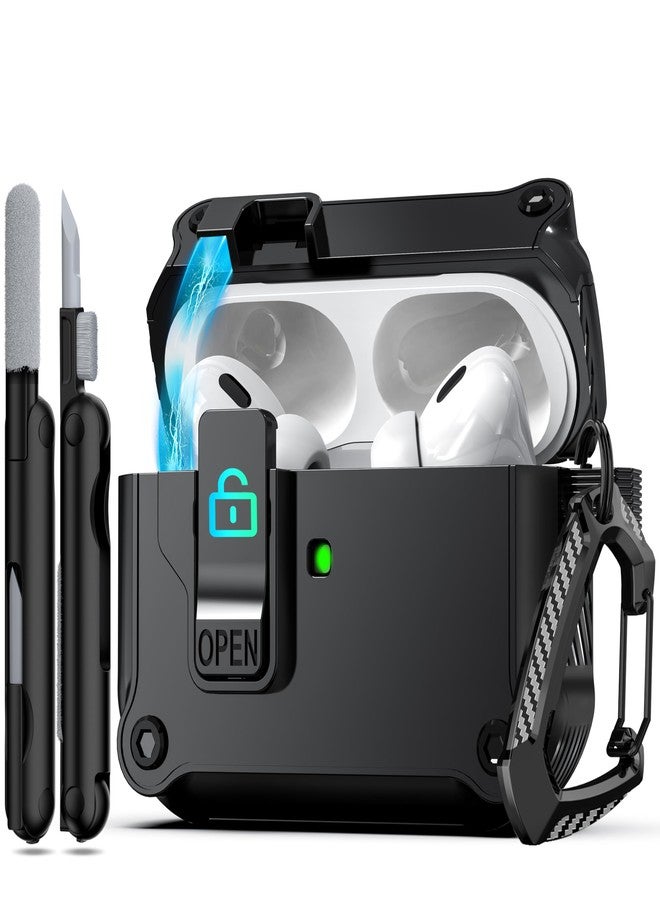 روفونجوانجو غطاء حماية RFUNGUANGO لسماعات AirPods Pro من الجيل الثاني/الأول مع مشبك قفل آمن، غطاء منبثق تلقائيًا، غطاء حماية صلب مقاوم للصدمات لكامل هيكل سماعات AirPods Pro 2 (2023/2022/2019) - أسود - Image 1