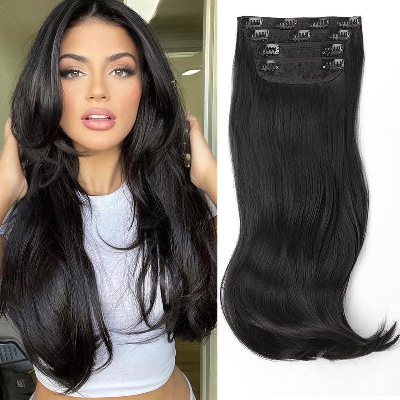 FREEMEIGE Hair Extensions for Women 20 Inch Black Long Layered Clip in Hair Extensions Clip ins Synthetic Heat Resistant Daily Use - Image 1