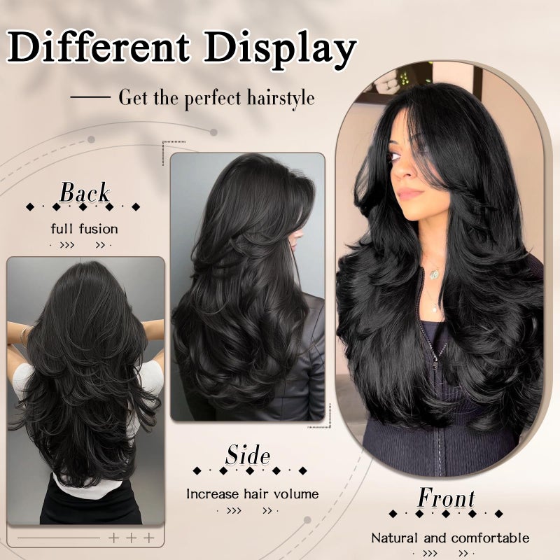 FREEMEIGE Hair Extensions for Women 20 Inch Black Long Layered Clip in Hair Extensions Clip ins Synthetic Heat Resistant Daily Use - Image 3