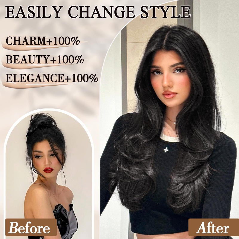 FREEMEIGE Hair Extensions for Women 20 Inch Black Long Layered Clip in Hair Extensions Clip ins Synthetic Heat Resistant Daily Use - Image 2