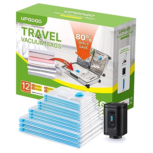 UPGOGO Combo 12 Pack Travel Vacuum Bags with Portable Electric Pump, Space Saver Vacuum Storage Bags for Clothing and Luggage, Travel Essentials - Image 1