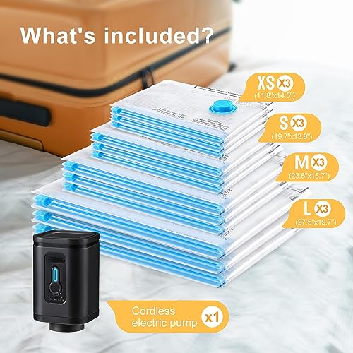 UPGOGO Combo 12 Pack Travel Vacuum Bags with Portable Electric Pump, Space Saver Vacuum Storage Bags for Clothing and Luggage, Travel Essentials - Image 2