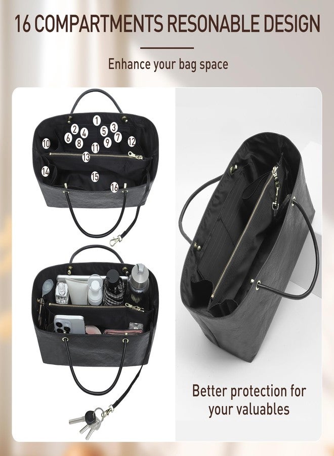 Doxo Purse Organizer Insert Compatiable with Medium Tote Bag, Lightweight YKK Zipper Tote Organizer with Handle/Elastic Cup Holder/Key Leash, 16 Pockets Bags Divider Shaper, Black/M - Image 4