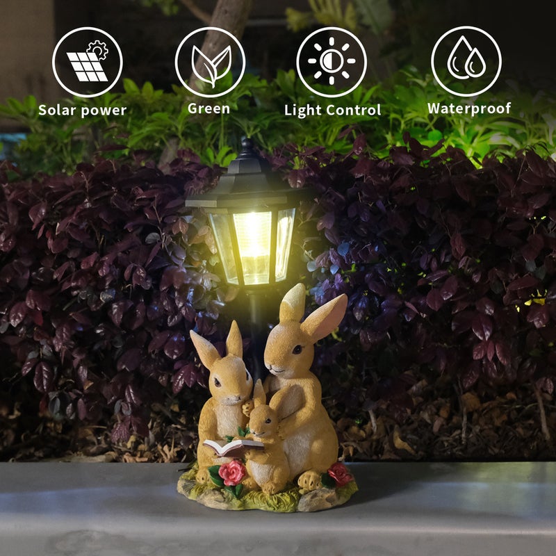 Three Member Rabbit Family Resin Solar Outdoor Light Animal Statue for Garden Path Decor - Image 3