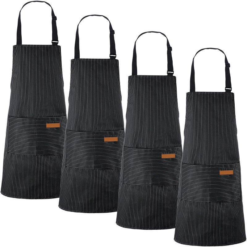 Handepo 4 Pcs Kitchen Aprons with Pockets Adjustable Waterproof Cotton Aprons Striped Apron for Women Men Chef Gift for DadNarrow StripesBlack - Image 2