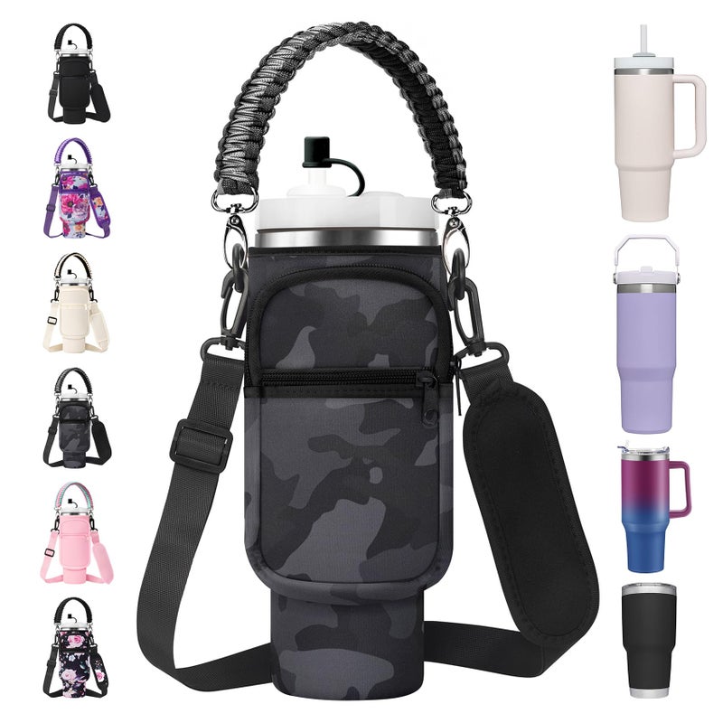 AceTreker 30 40 oz Water Bottle Holder for Stanley Tumbler with Handle Neoprene Vacuum Travel Coffee Mug Carrier Pouch with Paracord Handle 2 Pockets Straw Cover for Car Gym WorkBlack Camo - Image 2