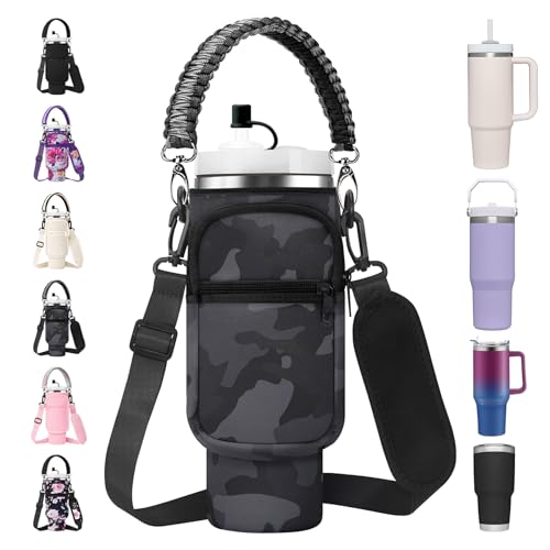 AceTreker 30 40 oz Water Bottle Holder for Stanley Tumbler with Handle Neoprene Vacuum Travel Coffee Mug Carrier Pouch with Paracord Handle 2 Pockets Straw Cover for Car Gym WorkBlack Camo - Image 1