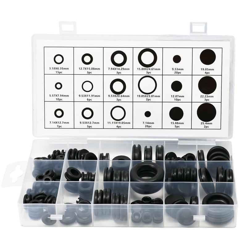 EASYEAH Store 125PCS 18 Sizes Rubber Grommet Kit, Rubber Plugs for Round Holes, Firewall Wire Cable Hole Grommet for Automotive, Industrial, Home 1/4 5/16 1/2 7/32 3/8 9/16 5/16 5/8 3/4 7/8 15/16 21/32 1 - Image 1