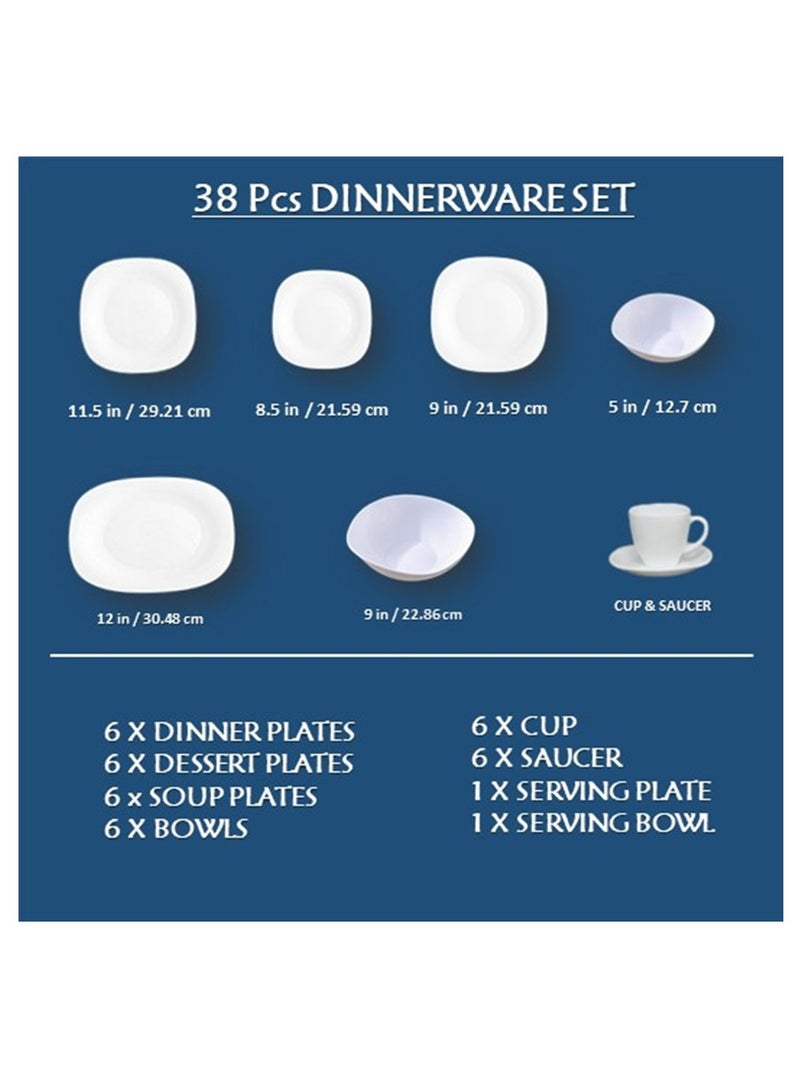 Houzi 38 Pcs Opal ware Dinner set 6 x dinner set 6 x dessert plate 6 x bowls 6 x soup plate 6 x cup 6 x saucer 1 x serving bowl 1 x serving plate - Image 2