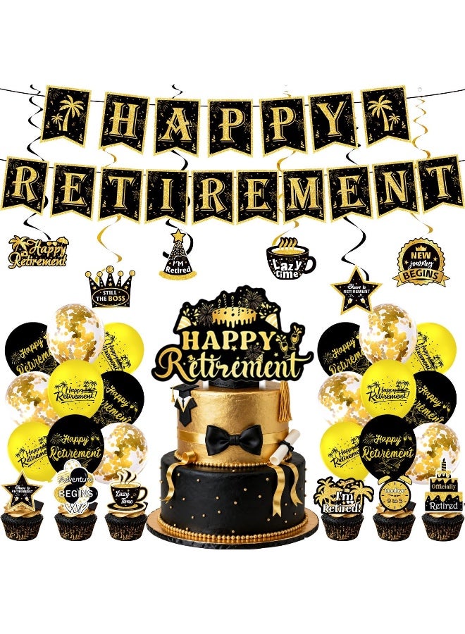 50 PCS Retirement Party Balloon Set, Cupcake Plugs, Black Gold Balloon, Flag Set, Retirement Theme, Suitable for Adult Parties and Other Decorations - Image 1