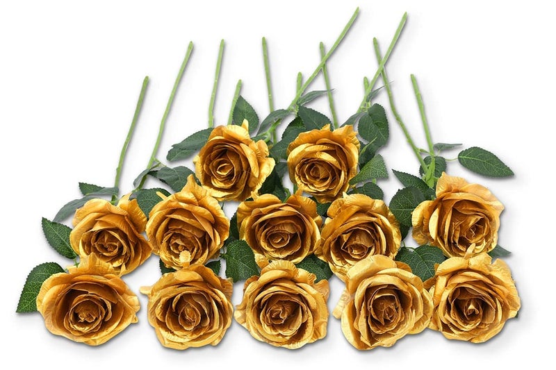 Laelfe 12 PCS Artificial Flowers Gold Roses Fake Silk Flower Long Stem Artificial Roses for Home Wendding Bathroom Party Decorations (Gold) - Image 1