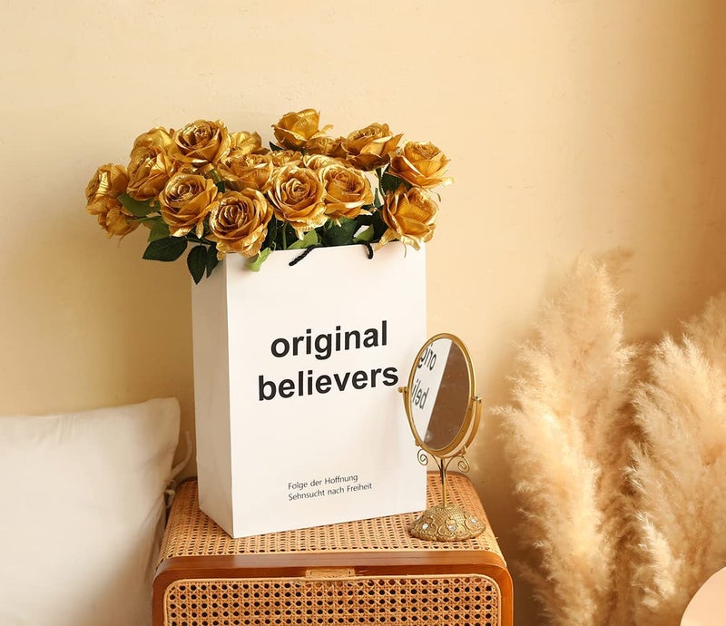 Laelfe 12 PCS Artificial Flowers Gold Roses Fake Silk Flower Long Stem Artificial Roses for Home Wendding Bathroom Party Decorations (Gold) - Image 2