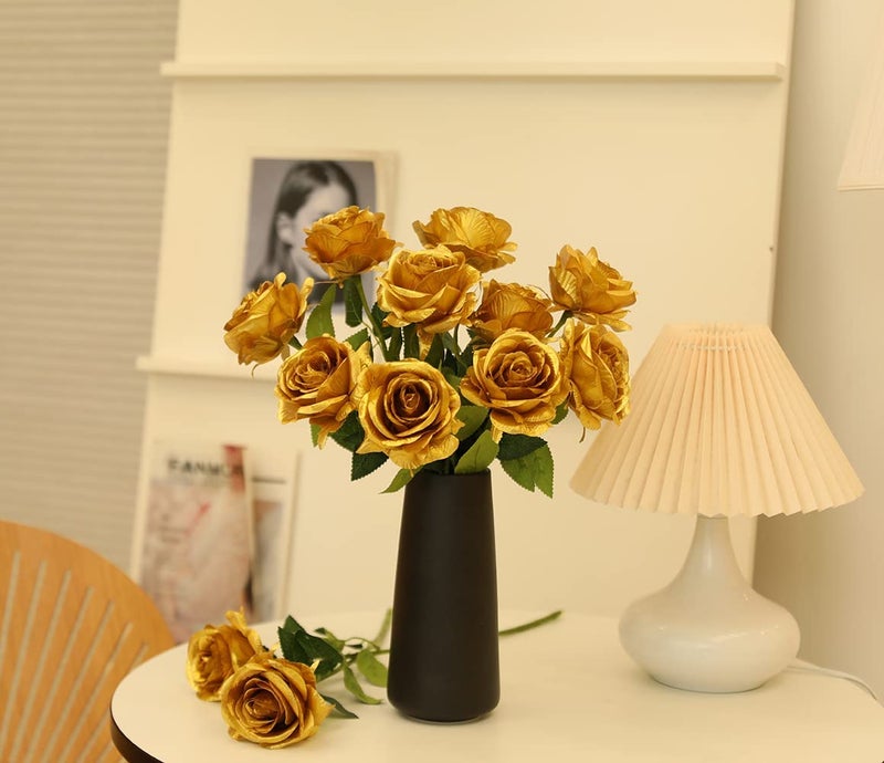 Laelfe 12 PCS Artificial Flowers Gold Roses Fake Silk Flower Long Stem Artificial Roses for Home Wendding Bathroom Party Decorations (Gold) - Image 4