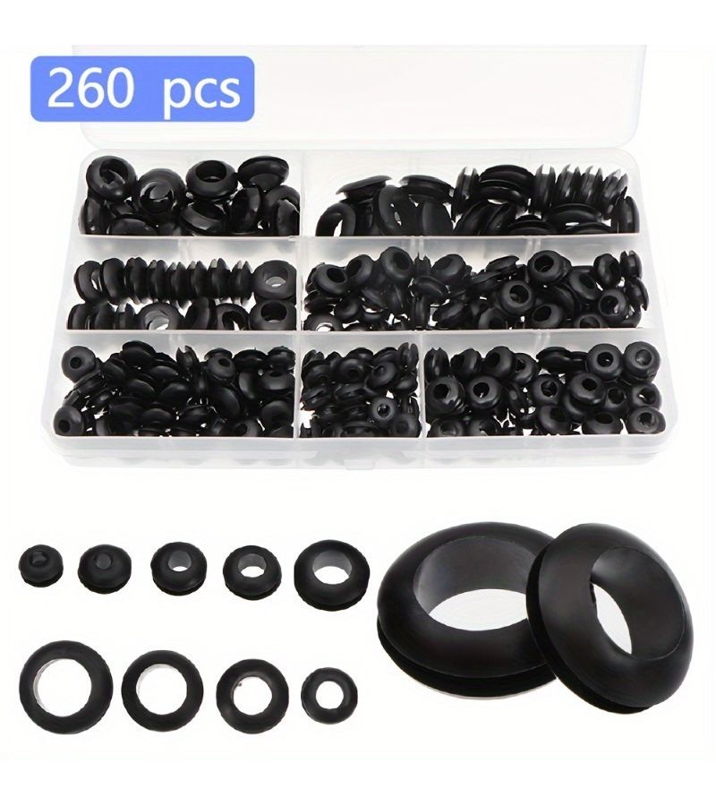 260 Black Rubber Grommets Double Sided Cable Seals With Storage Box - Image 3