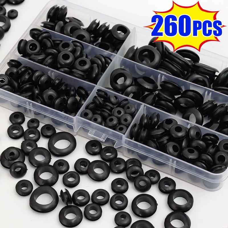 260 Black Rubber Grommets Double Sided Cable Seals With Storage Box - Image 1