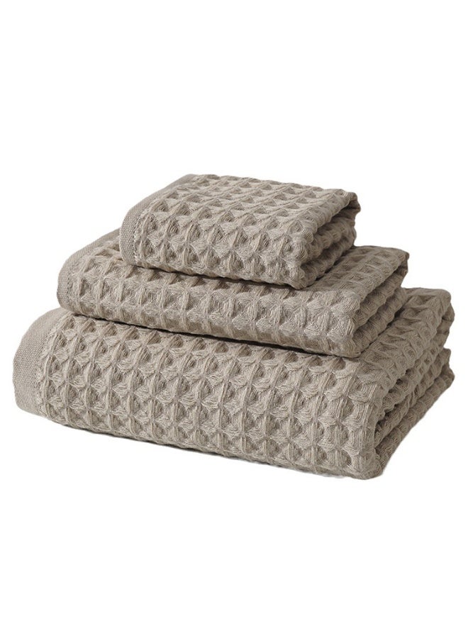 Cotton Waffle Towel Set, 3 Pieces, Bath Towel 140x70cm, Hand Towel 74x33cm, Washcloth 34x34cm, Ultra-Soft, Highly Absorbent, Quick-Drying (Khaki) - Image 1