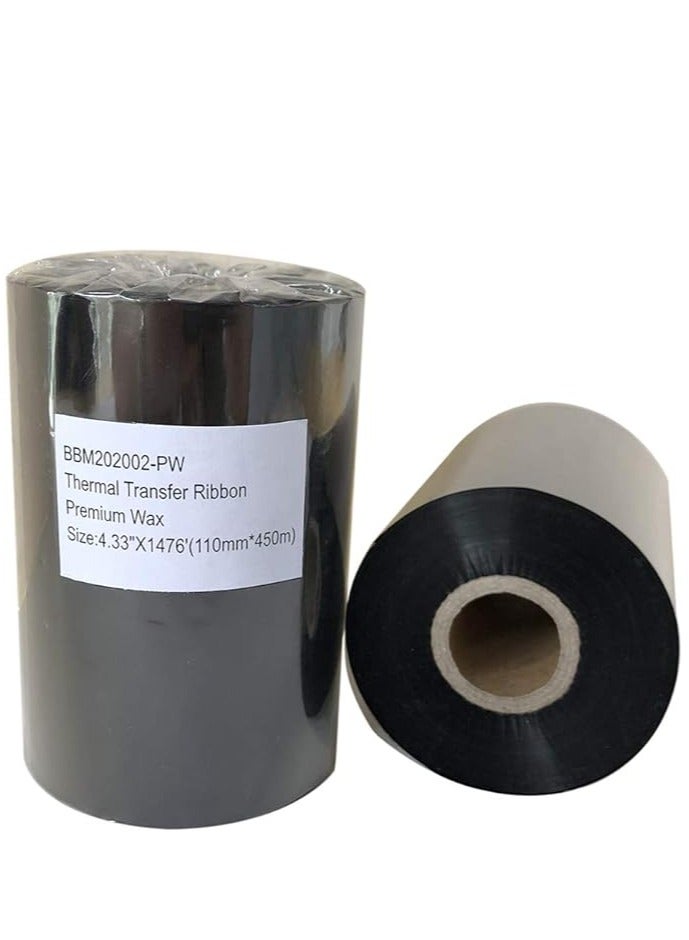 شريط باركود شمعي معزز بالراتنج الحراري لطابعة الملصقات السوداء 4.33 بوصة × 1476 بوصة (110 مم × 450 م) 1 لفة متوافقة مع Zebra Datamax Eltron Intermec Sato - Image 1