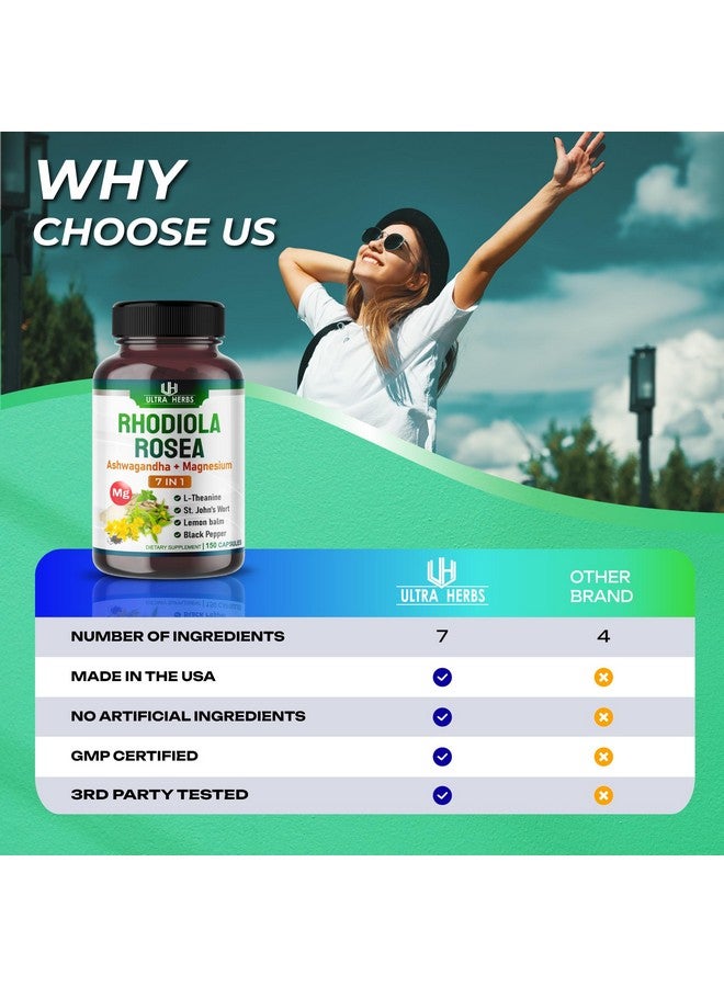 ULTRA HERBS مكمل روديولا روزيا مدعوم بالأشواغاندا والمغنيسيوم وL-ثيانين وعشبة سانت جون وبلسم الليمون - يدعم المزاج وجودة النوم والتركيز الذهني | 150 كبسولة - Image 2
